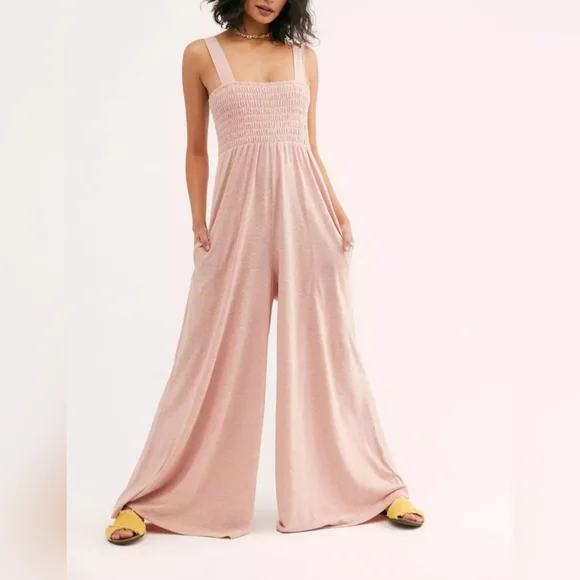 Free People Pink Sleeveless Smocked Wide Leg Homecoming Jumpsuit - Picture 4 of 4
